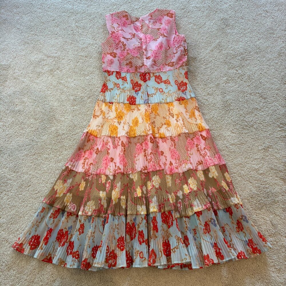 NEW Dalia MacPhee Floral Pastel Multi V-Neck Pleated Midi Dress Pink Size L - Picture 11 of 15
